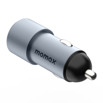 MOMAX 38W dual-port car charger with metal blue-gray body and black end cap