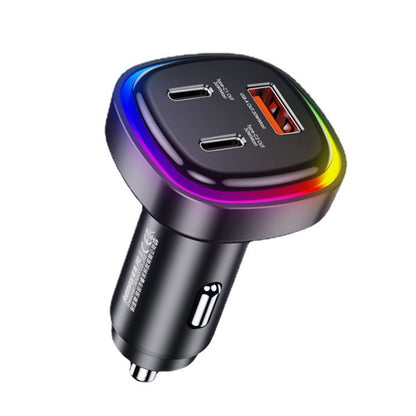 Black 3-in-1 car charger with dual USB ports and multicolor indicator ring