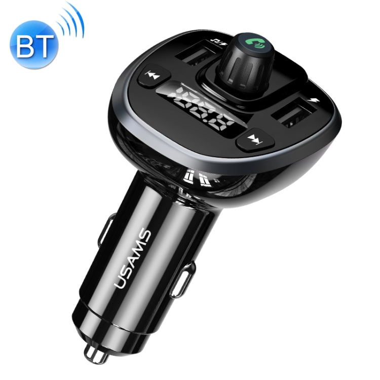 Black and silver car FM wireless charger with dual USB ports and digital display