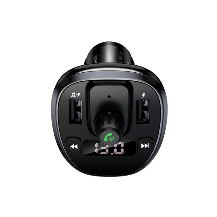 Round black wireless car charger with dual USB ports and digital voltage screen
