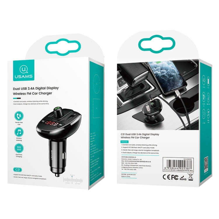 USAMS dual USB wireless car charger retail box with digital display and FM