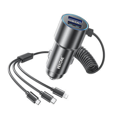 3-in-1 car charger with retractable cable, dual USB ports, metallic silver body