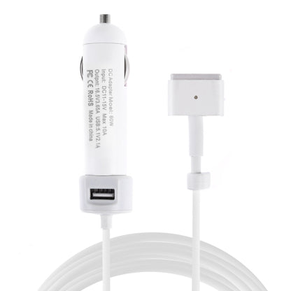 White USB car charger adapter with DC connector and built-in USB port