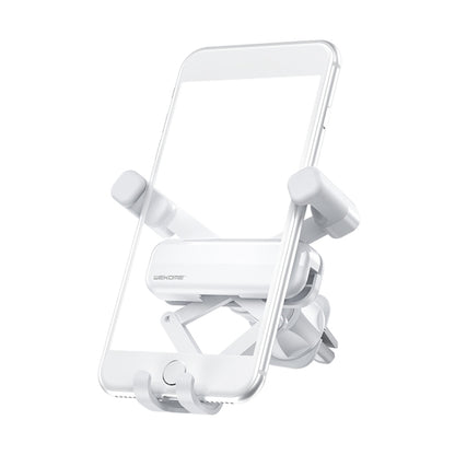 White gravity phone holder with folding arms for car air outlet vents.