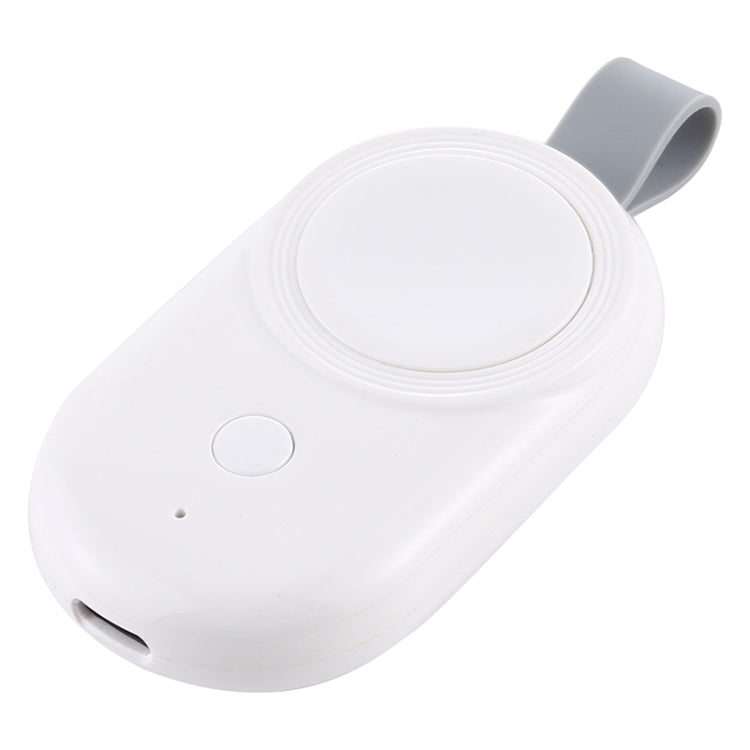 Portable wireless charger for Apple Watch in white with gray mounting loop and indicator