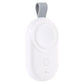 Portable wireless charger for Apple Watch in white with gray hanging loop and button
