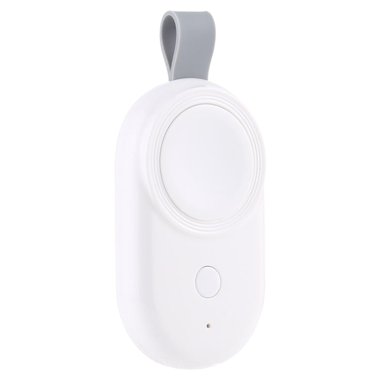 Portable wireless charger for Apple Watch in white with gray hanging loop and button