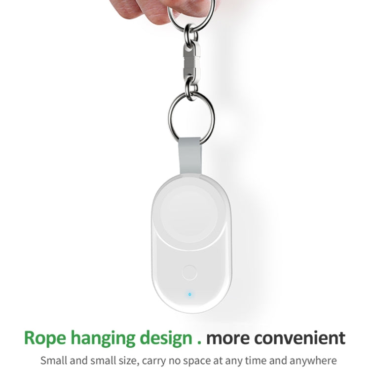 White portable wireless charger for Apple Watch with keychain ring and gray strap loop