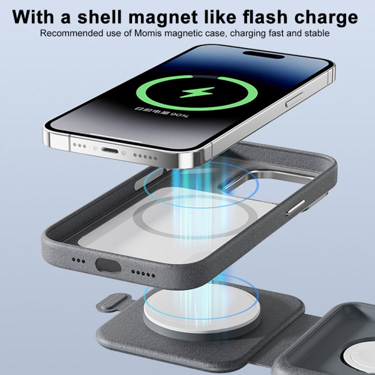 Gray magnetic wireless charger with phone dock and active charging indicator
