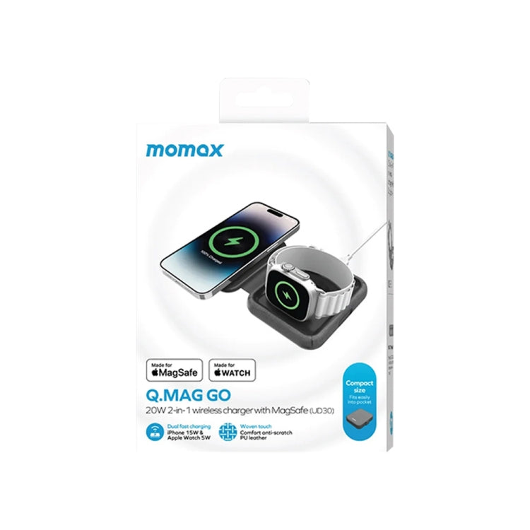 momax MagSafe 2-in-1 foldable wireless charger retail box with phone and watch