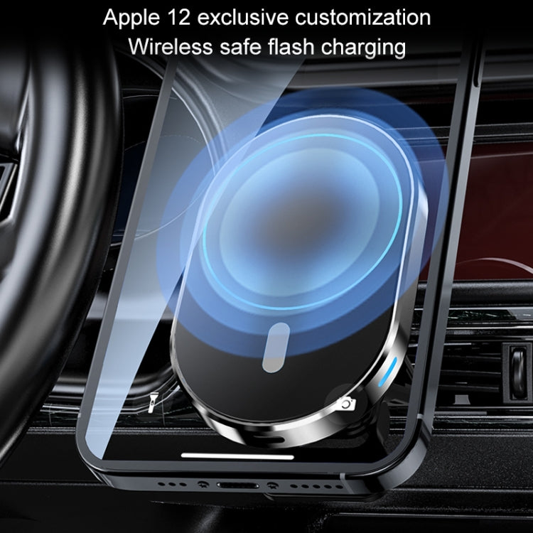 Magnetic car wireless charger bracket with glowing blue charging pad inside vent cradle