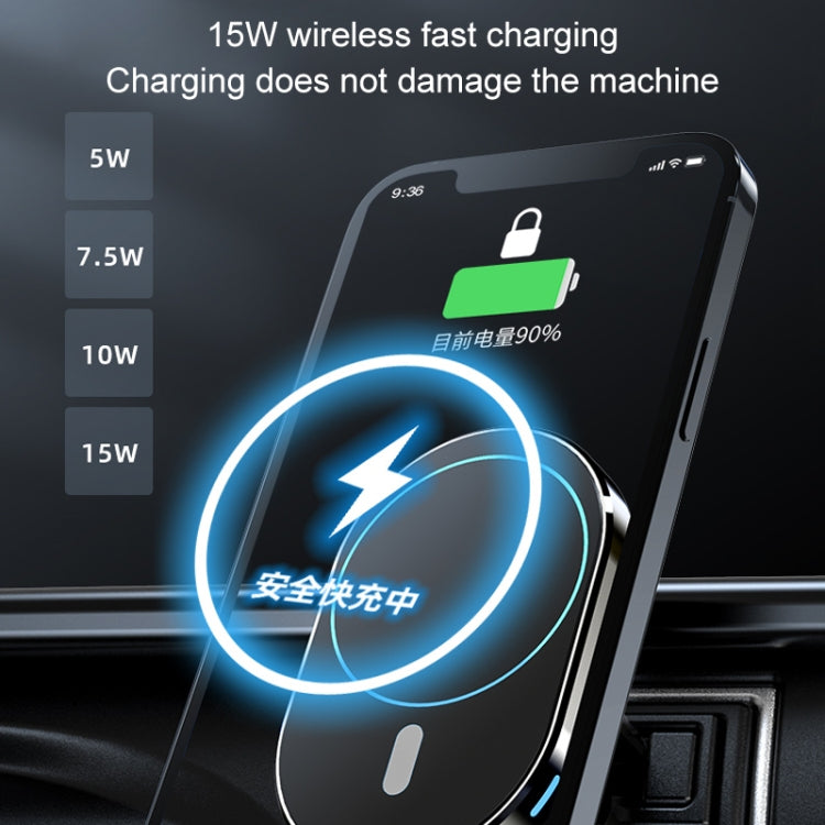 Magnetic car wireless charger bracket with blue light ring charging a phone on dashboard