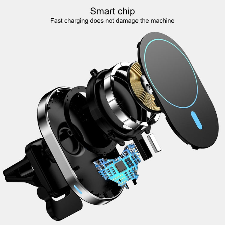 Magnetic car air vent wireless charger bracket with visible internal electronics