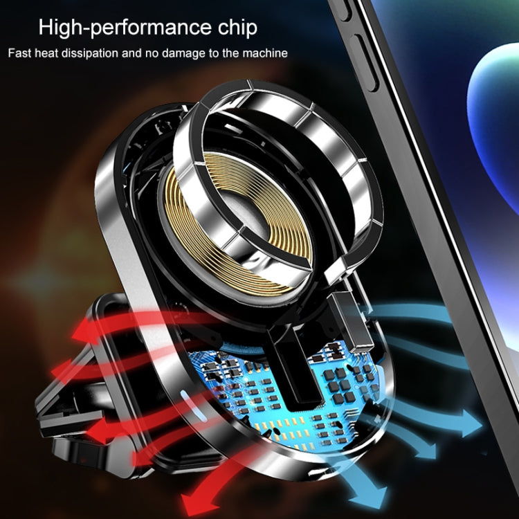 Magnetic car air outlet wireless charger bracket with visible coil and ring details