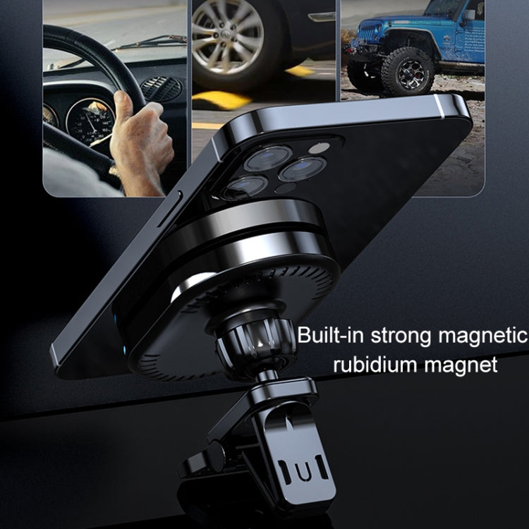 Magnetic car wireless charger bracket with black frame and vent mount, close-up