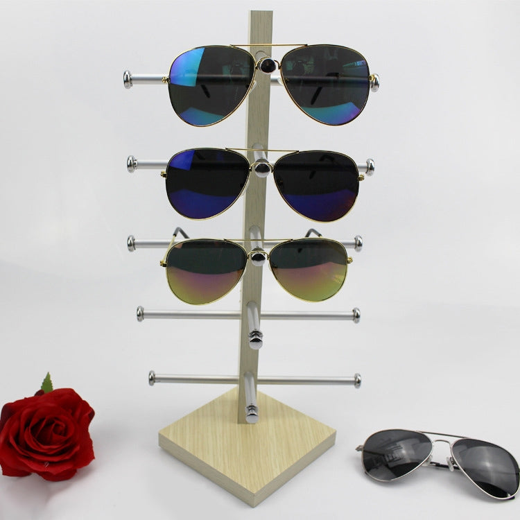 Oak wood sunglasses display stand with clear glass frame holding 6 pairs