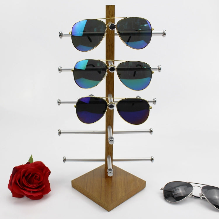 Grain wood sunglasses display rack with metal arms and 6 pairs of mirrored shades