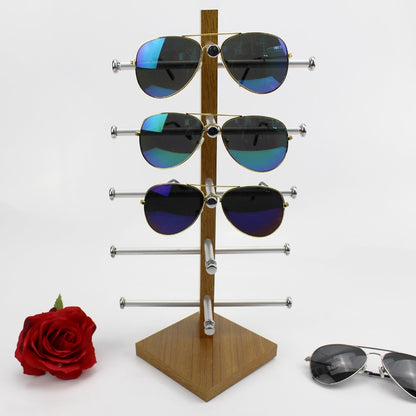Grain wood sunglasses display rack with metal arms and 6 pairs of mirrored shades