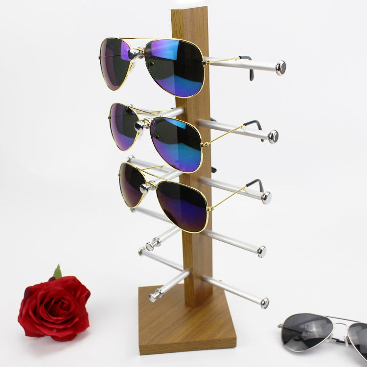 Wood sunglasses display rack with gold post and 3 rows of metal arms for multiple pairs