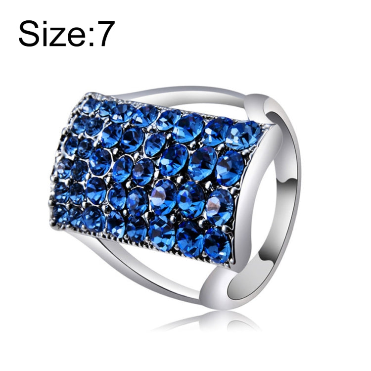 Silver-plated rectangular ring with blue crystals