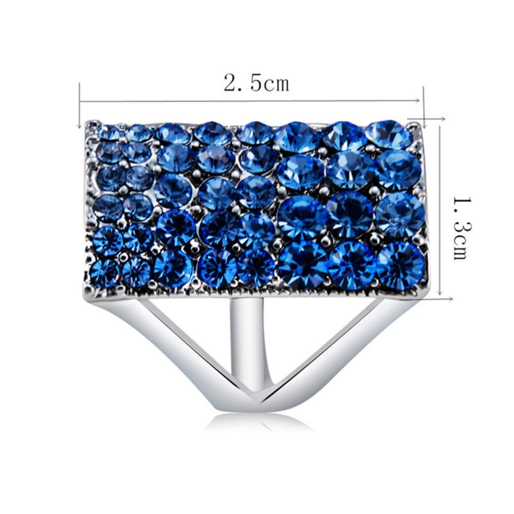 Rectangular blue crystal ring, 2.5 cm by 1.3 cm, silver-tone openwork shank