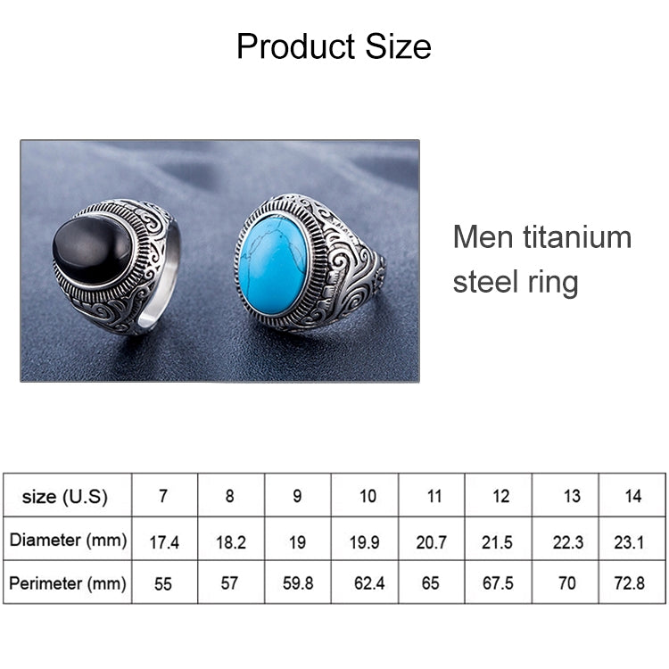 Men’s titanium steel ring size chart showing black and blue gemstone ring