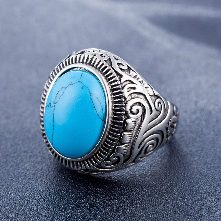 Men’s titanium steel ring with turquoise blue oval gemstone and ornate silver bezel