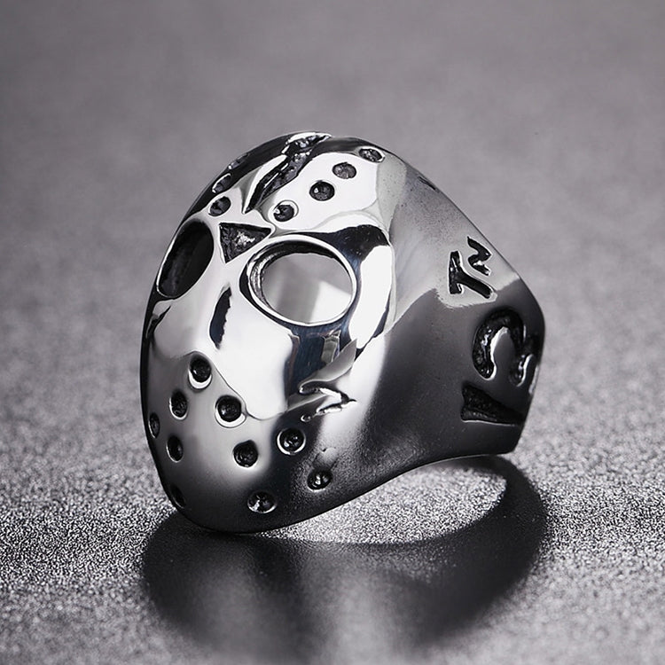 Skull mask ring with open eye cutouts and stud details, silver tone
