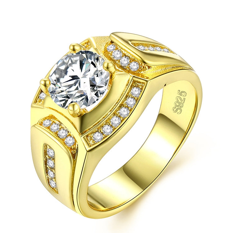 Men's gold ring with a large round clear stone and pavé accents