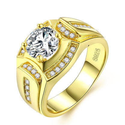 Men's gold ring with a large round clear stone and pavé accents