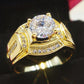 Gold-tone men’s diamond-style ring with oversized clear center zircon and small stones