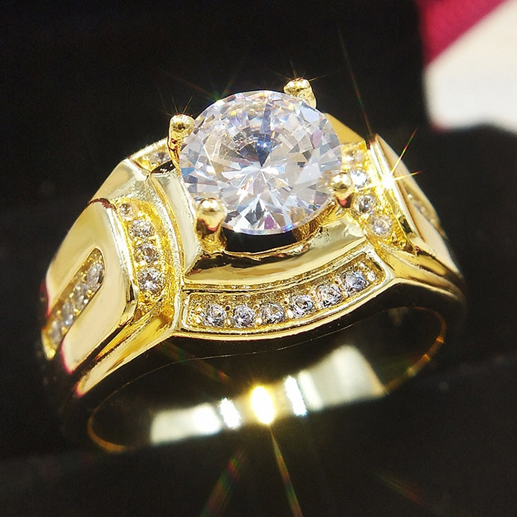 Gold-tone men’s diamond-style ring with oversized clear center zircon and small stones