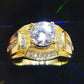 Men's ring with large clear center stone and pavé side stones