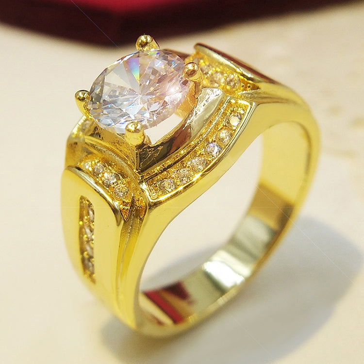 Gold-tone men’s ring with round clear center zircon and glittering side stone details