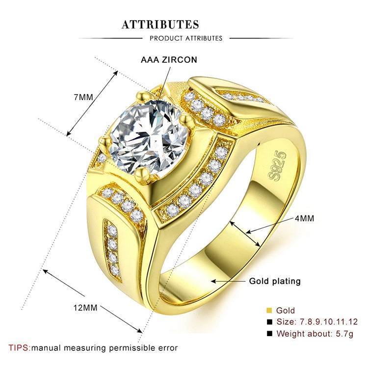 18K gold plated men's ring with large AAA zircon and pavé accents