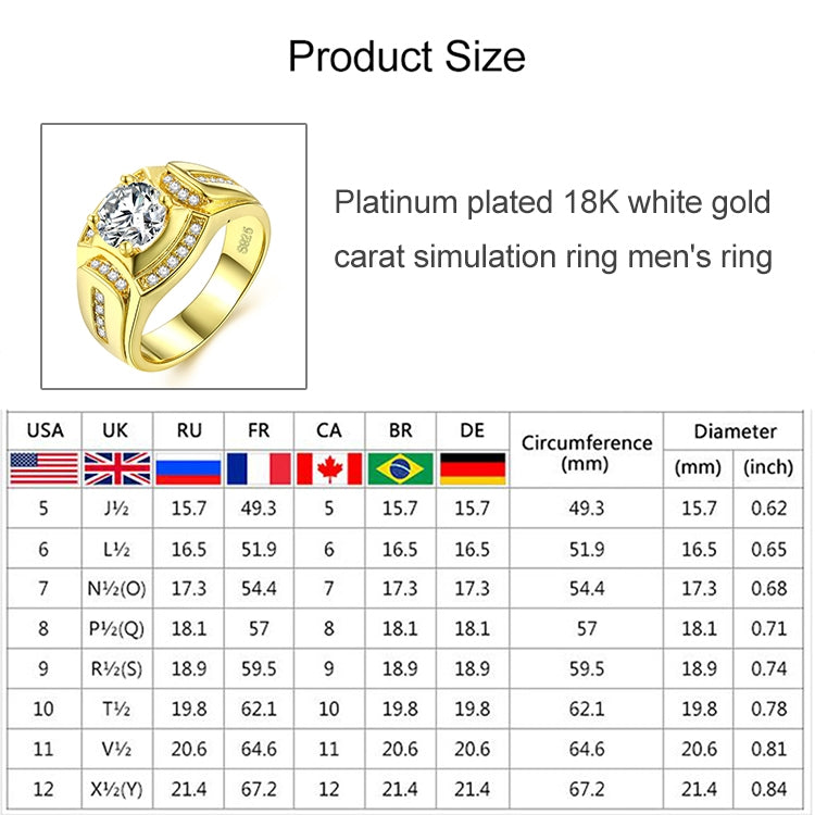 Men's white gold plated zircon ring size chart with size table