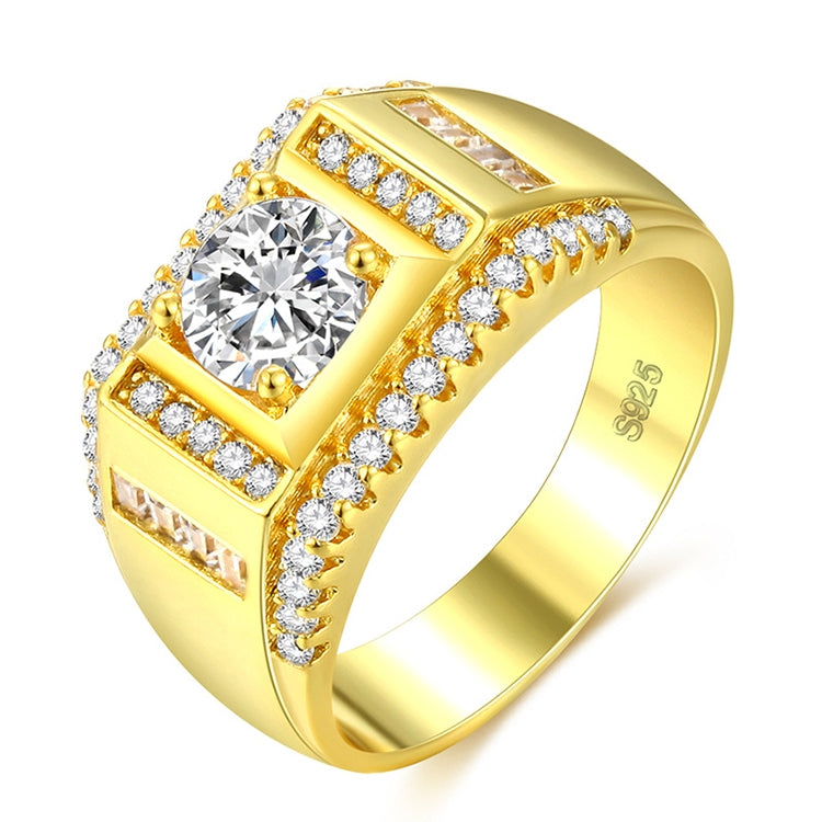 Gold-tone men’s ring with square-cut center zircon and rhinestone halo