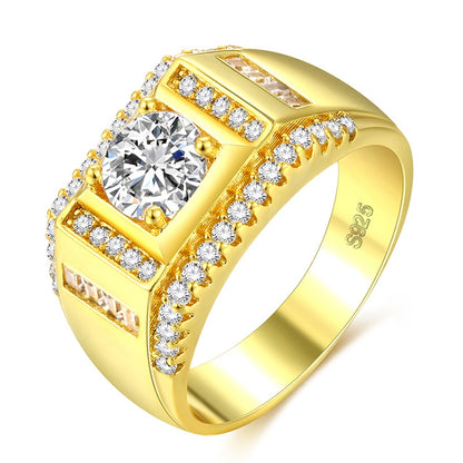 Gold-tone men’s ring with square-cut center zircon and rhinestone halo