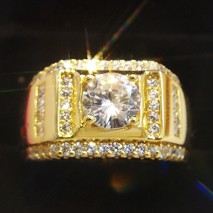 Gold-tone men’s ring with square center zircon, glittering side bands