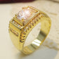 Gold-tone men’s zircon ring with square center stone and faceted side accents