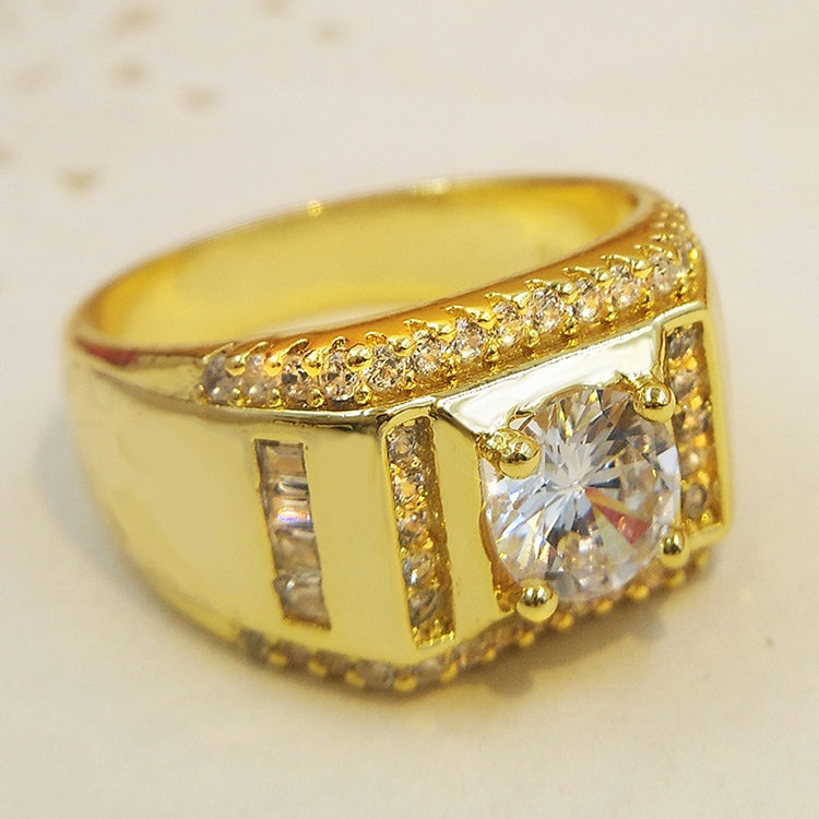 Gold-tone men’s ring side view with square center zircon and row of rhinestones