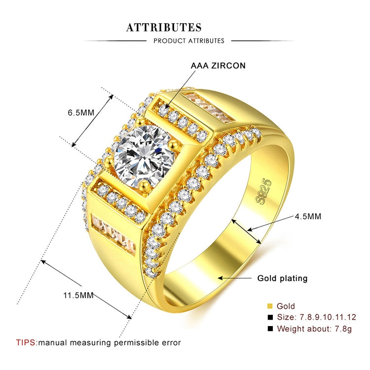 Gold-plated men’s zircon ring with labeled size and zircon inset diagram