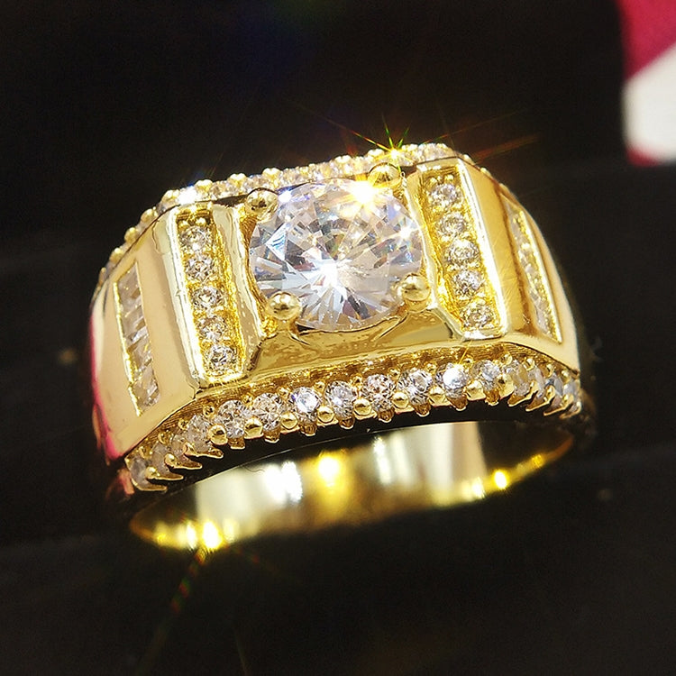 Gold-plated men’s ring with large center round stone and rectangular side stone borders