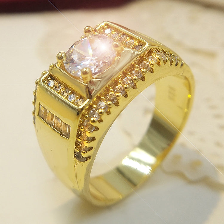 Gold-plated men's ring with square zircon centerpiece and side rhinestones