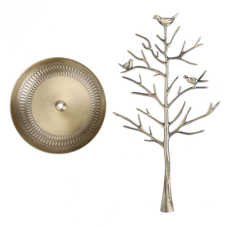 Bronze tree-shaped jewelry display rack with bird charms and round tray base