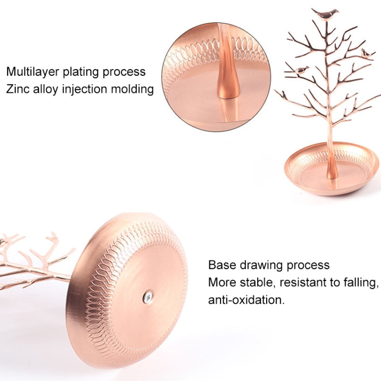 Rose gold tree jewelry stand with round tray and bird charms, plated finish