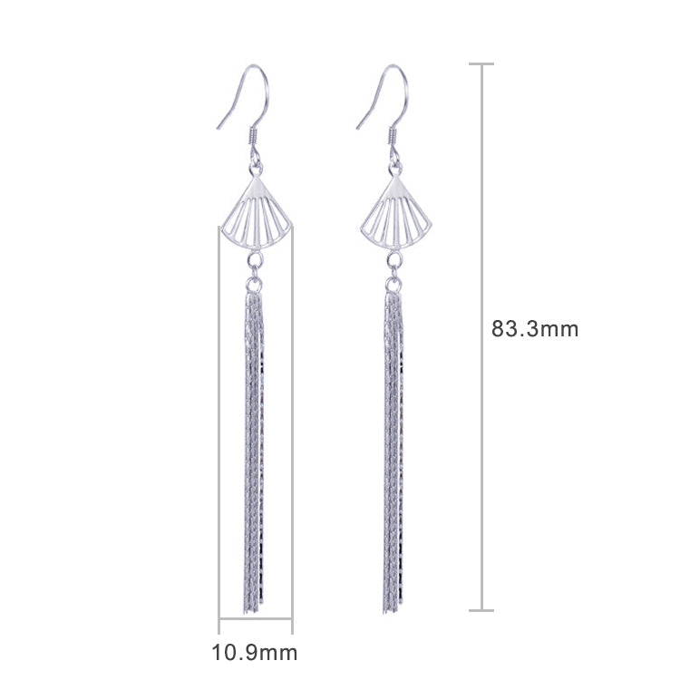 Long sterling silver tassel fan drop earrings, 83.3mm length