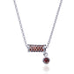 Silver chain necklace with rectangular red crystal bar pendant and round red drop charm