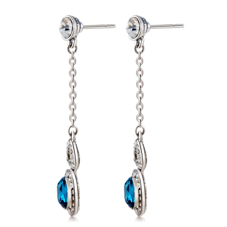 Silver-plated blue crystal drop earrings with stud tops and dangling linked chains