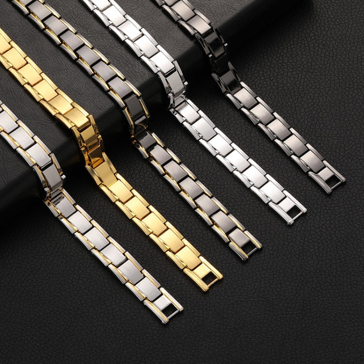 Men's titanium steel link bracelet set with rectangular clasp ends, gold and silver tones